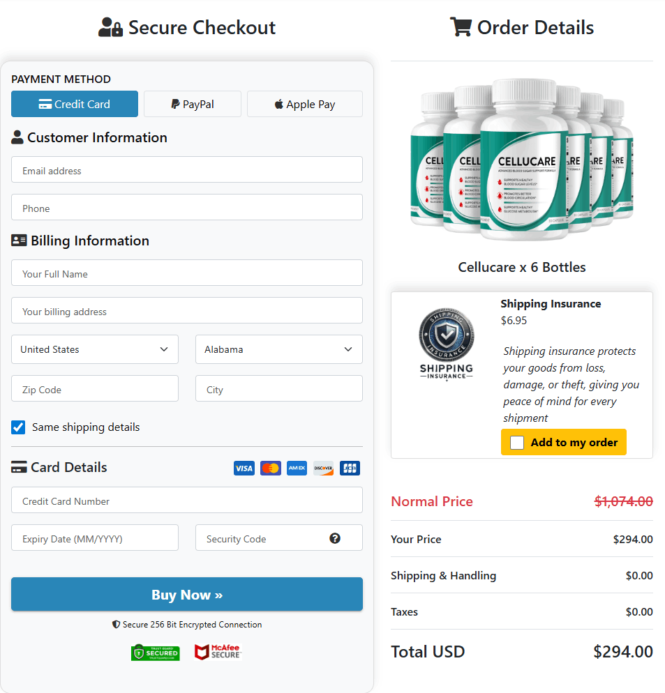 CelluCare Checkout page